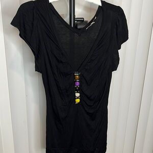 Black V-Neck Top with Beaded Detail